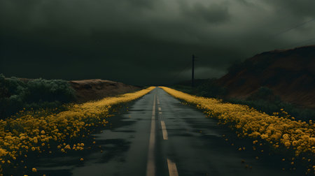 Road with yellow flowers and dark stormy sky. 3d renderingの素材