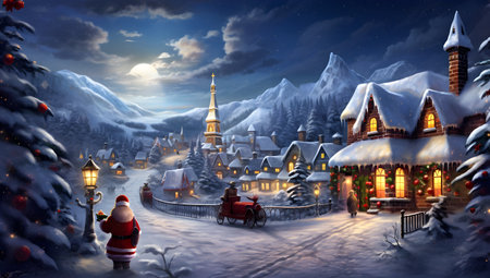 Christmas village with Santa Claus and his sleigh in the night.の素材