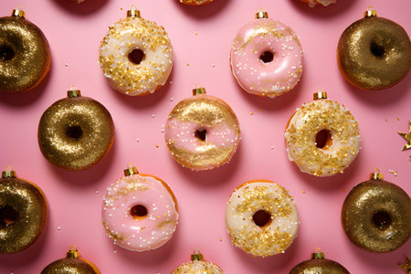 Christmas or New Year pattern with donuts and sprinkles on pink backgroundの素材