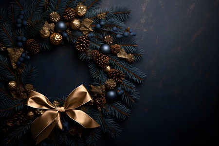 Christmas wreath with golden bow on dark background. Top view.の素材