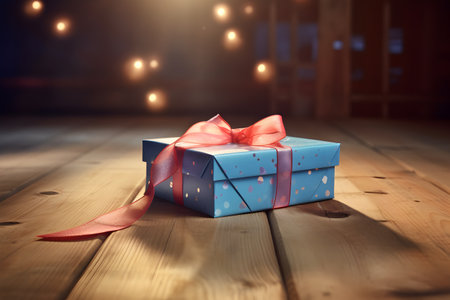 Gift box with red ribbon on wooden floor. Christmas background.の素材