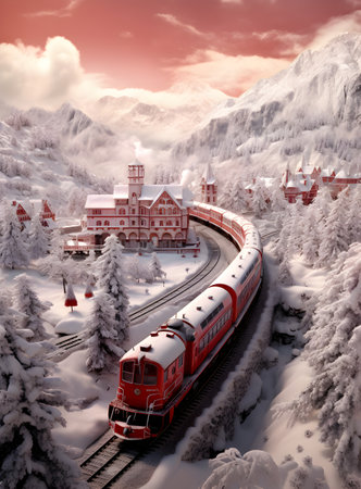Train on the railway in the winter mountains. 3d illustration.の素材