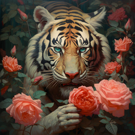 Digital painting of a tiger with roses in the background, digital illustrationの素材