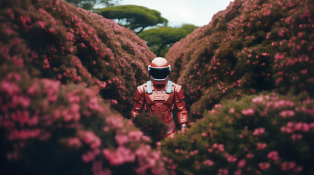 Astronaut in red suit and helmet on the background of pink flowers.の素材