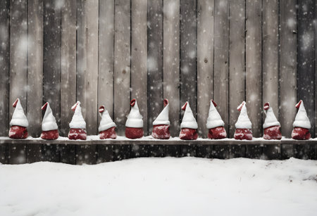 Christmas trees in the snow against the background of a wooden wall.の素材