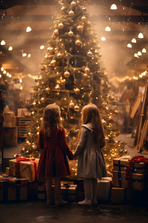 Two little girls in a red dress stand near the Christmas tree with gifts.の素材