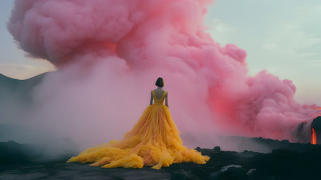 Woman in a yellow dress on the background of the active volcano.の素材