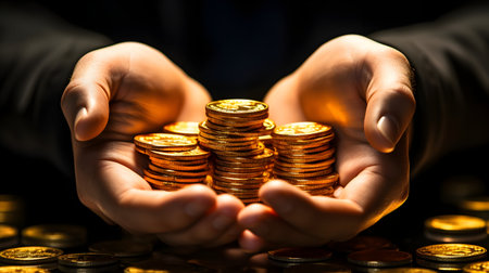 Close up of male hands holding a stack of gold coins on dark backgroundの素材