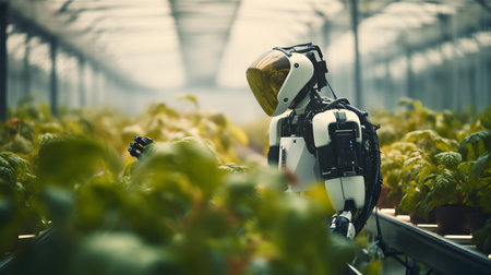 Robot in a greenhouse. Industrial robot working in a greenhouse.の素材