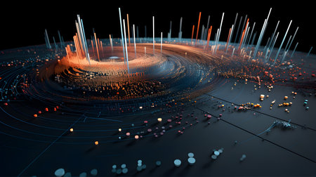 Rendering of abstract technology digital hi tech concept. Futuristic shape made of glowing particles.の素材