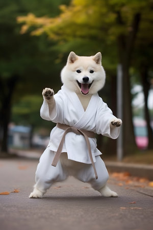 Samoyed dog in kimono doing karate exercise outdoorsの素材