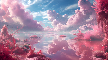 Fantasy landscape with sea and pink clouds. 3d illustration.の素材