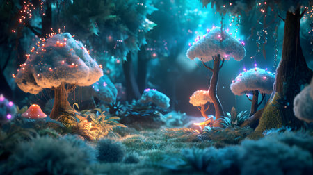 Fantasy landscape with fantasy trees and fairy lights. 3d renderingの素材