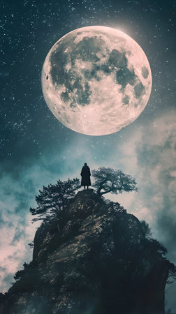 Silhouette of a man standing on the edge of a cliff and looking at the moonの素材