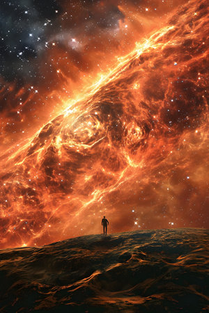 Man standing on a planet in the universe. 3D illustration.の素材