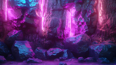3d Illustration of a Fantasy Cave with Neon Lights and Rocksの素材