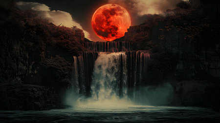 Fantasy landscape with a waterfall on the background of the full moonの素材