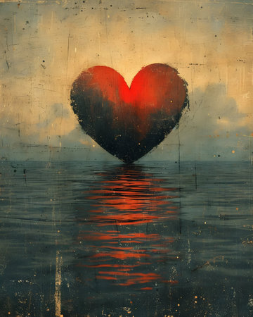 Grunge background with heart shape and reflection on water surface.の素材