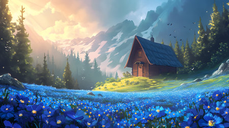 Fantasy landscape with wooden house in the meadow and blue flowers.の素材