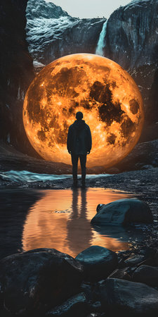 Man looking at the full moon. 3D Rendering. Fantasy landscape.の素材