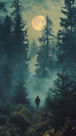 Hiker in the foggy forest at night with full moon.の素材
