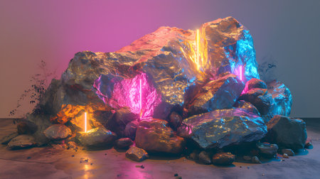 Luminous crystals on a dark background. 3d rendering.の素材