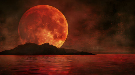 Bloody moon over the sea. 3d render. Illustrationの素材