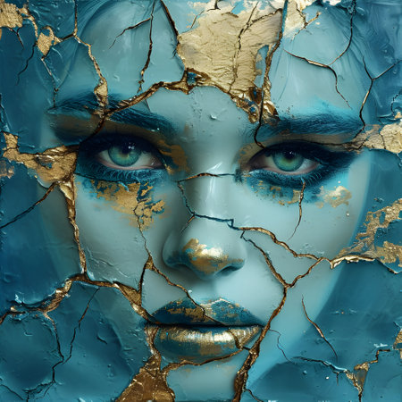 Creative collage. Portrait of beautiful woman with blue eyes and cracked skin.の素材