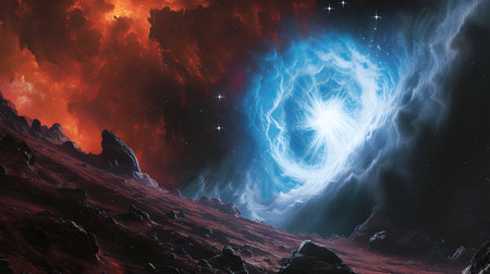 Fantasy alien planet. Mountain and nebula. 3D illustrationの素材