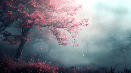 Mystical foggy forest with red leaves. Nature composition.の素材