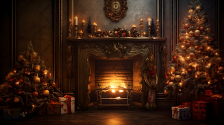 Christmas tree, fireplace and gifts on the background of the Christmas interior.の素材