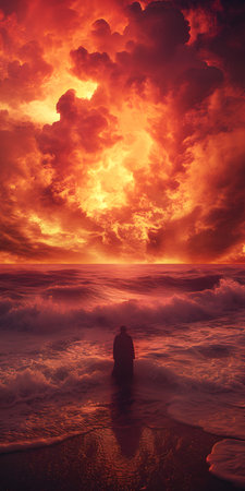 Beautiful sunset over the ocean with a silhouette of a man in the foregroundの素材