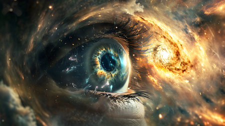 Human eye in space with stars and galaxies. 3D illustration.の素材