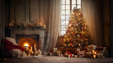Christmas tree with presents by the fireplace in the living room at homeの素材