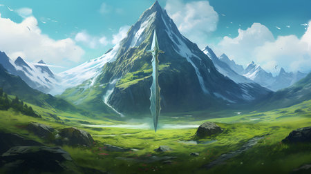 3D render of a fantasy landscape with mountains and a dragon.の素材