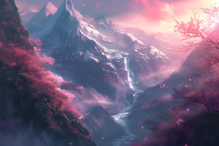 Fantasy landscape with waterfall in the mountains. 3D illustration.の素材