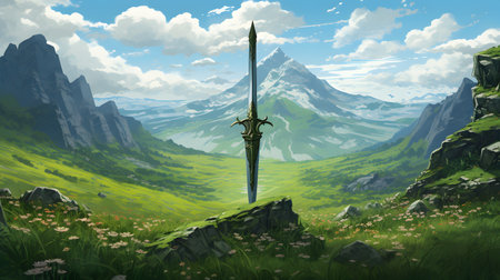 Digital illustration of a dagger in a meadow with mountains in the backgroundの素材