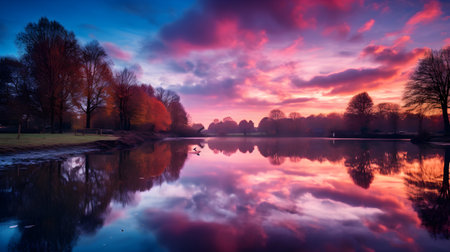 Sunset over a lake with reflection of trees and clouds in the waterの素材