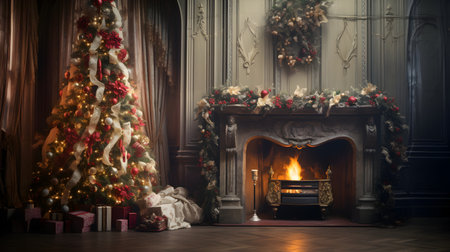 Fireplace with christmas tree and presents in the living room.の素材