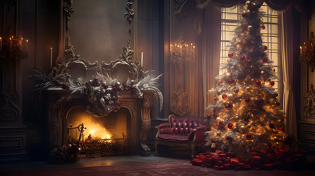 Christmas living room interior with fireplace and Christmas tree. Christmas holiday concept.の素材