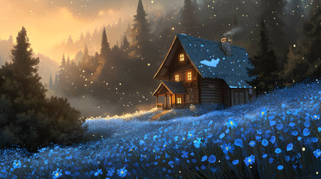 Cottage in the winter forest with blue flowers. 3D renderingの素材