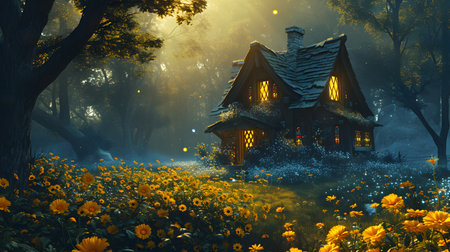 Fantasy house in the forest with sunflowers. 3d renderの素材