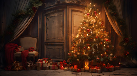 Christmas tree and gifts in the interior of the house at night.の素材