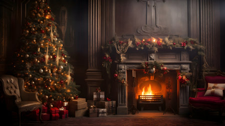 Christmas living room interior with fireplace and Christmas tree. Holiday concept.の素材