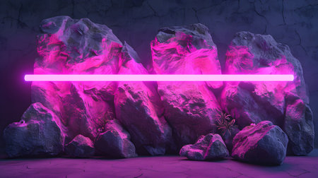 Neon light on the rock. 3D rendering. Neon light.の素材