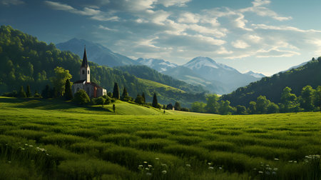 Beautiful alpine landscape with church in the middle of meadowの素材