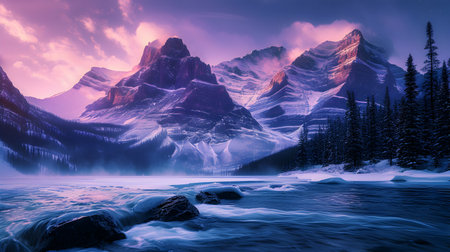 Fantasy landscape with snowy mountains and lake. 3D Renderingの素材