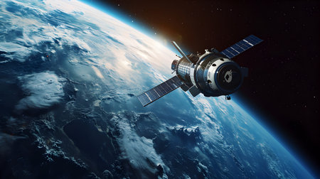 Satellite orbiting the planet Earth. 3D rendering.の素材