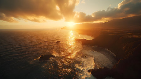 Sunset over the ocean with clouds and mountains in the background.の素材