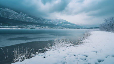 Beautiful winter landscape with frozen lake and snowy mountains in the backgroundの素材